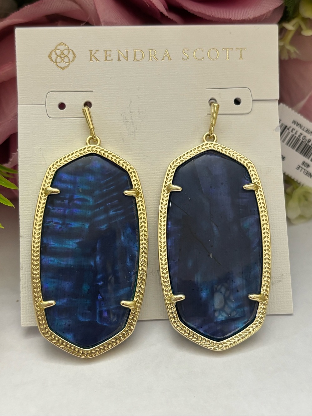 NWT Kendra Scott Danielle Gold Statement Earrings in Navy Abalone